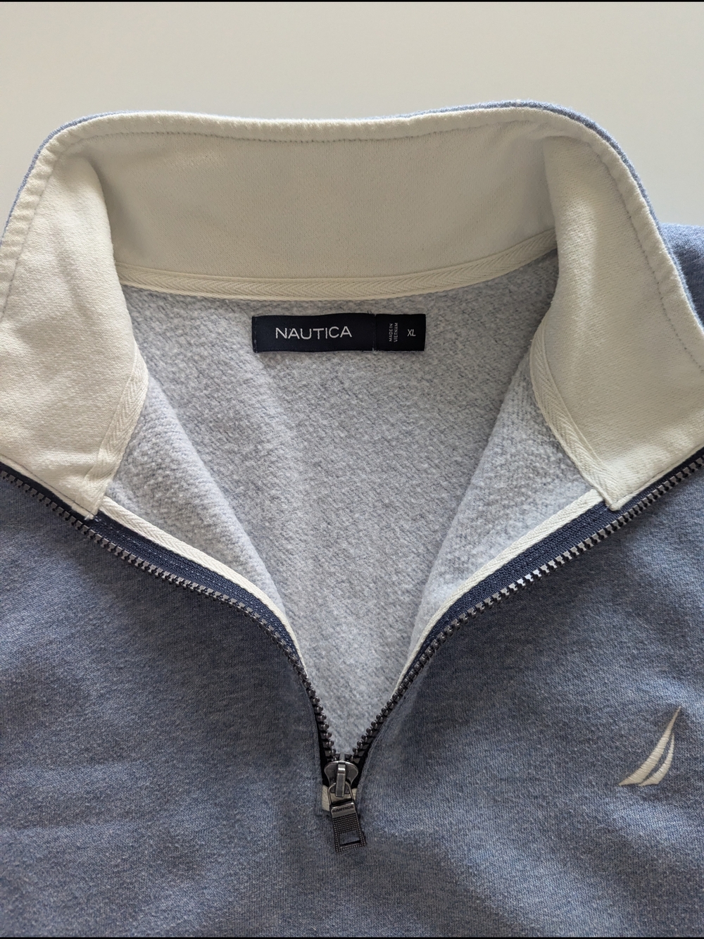 Nautica Men's Zip-Up Sweater in Heather Blue with Cream Collar